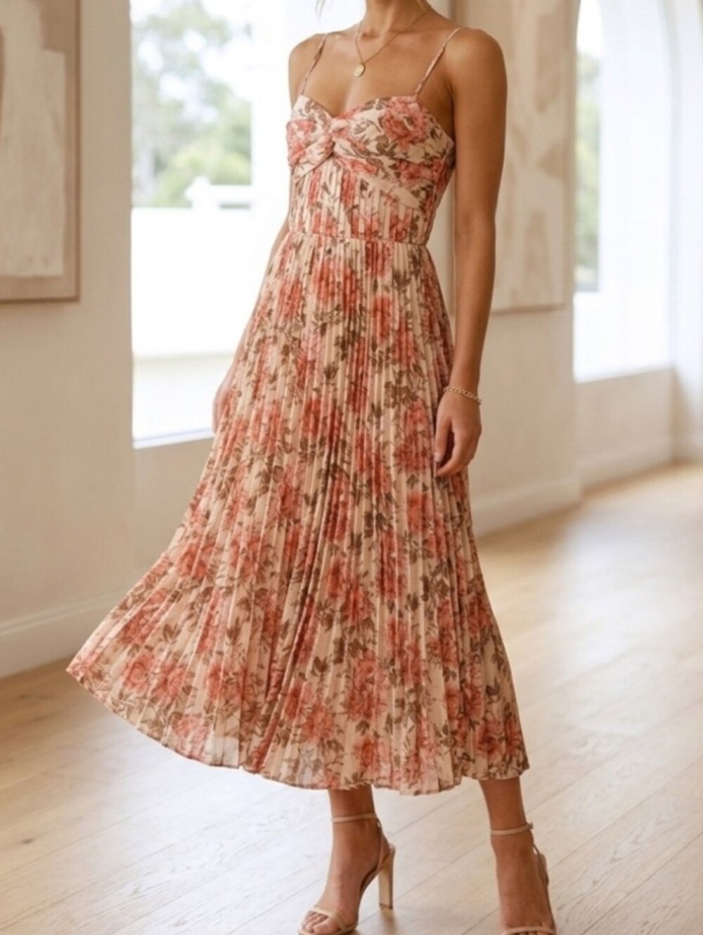 NWT Floral Metallic Pleated MIDI Dress SMALL